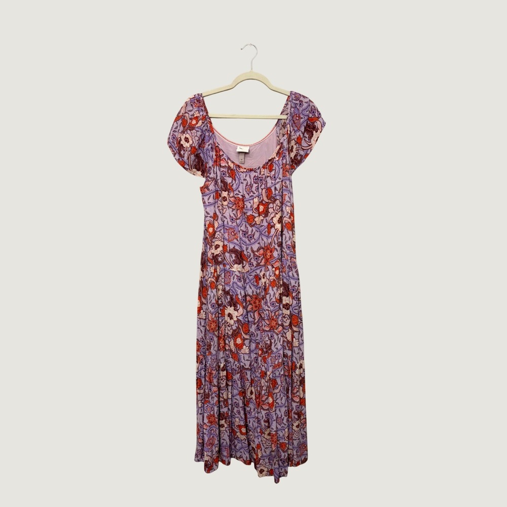 Knox Rose Womens Medium Purple Floral Tiered Maxi Dress Flutter Sleeve Pockets
